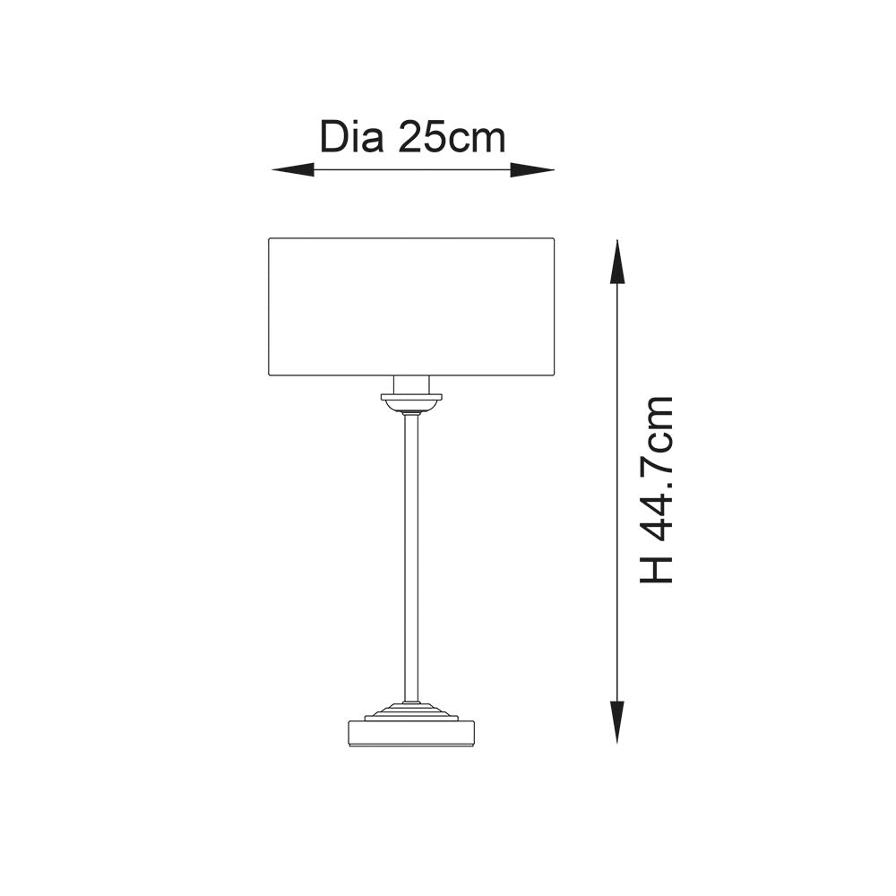 Line drawing of the Brenley Table Lamp in brushed chrome with a rectangular shade on a slim stem base, 44.7cm high, 25cm shade diameter.