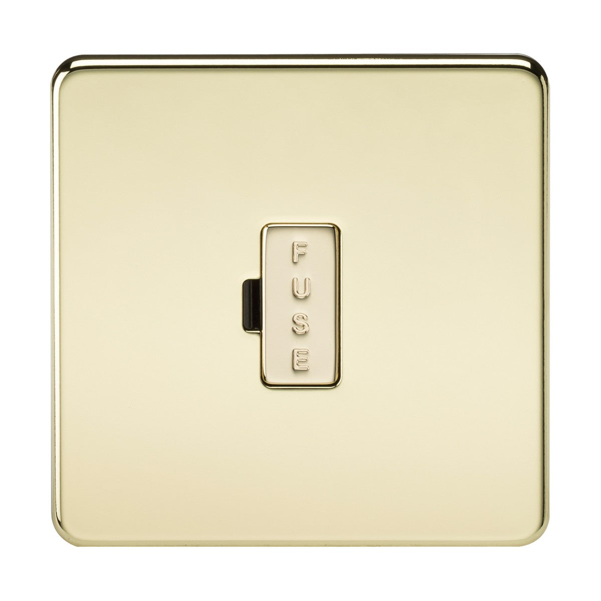 The 13A Fused Spur Unit - Polished Brass (Screwless) is a square, metallic cover featuring a central rectangular button labeled FUSE. Its screwless design and smooth, reflective surface with a polished brass finish add an elegant touch to any room.