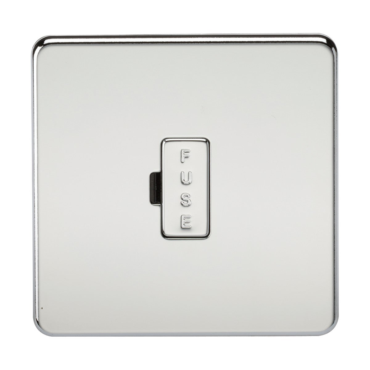 The 13A Fused Spur Unit in polished chrome features a screwless, low-profile square design with a central rectangular fuse holder labeled FUSE. It showcases a sleek, polished finish with gently rounded edges.