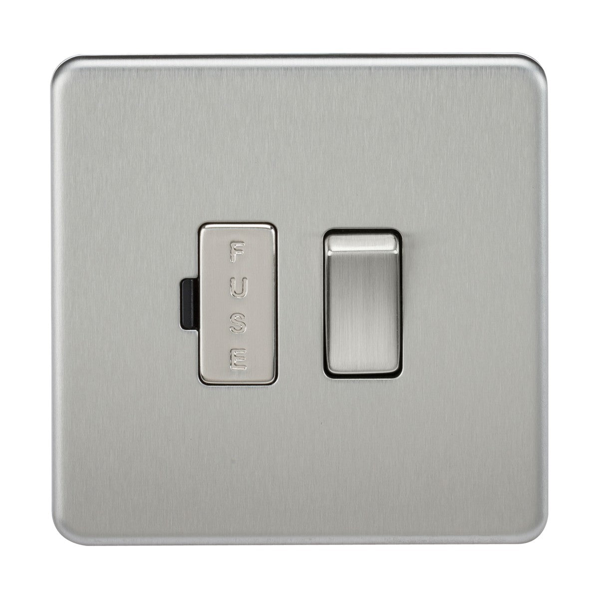 The 13A Switched Fused Spur Unit in brushed chrome features a fuse switch labeled FUSE on the left and a standard toggle switch on the right. Its screwless, low-profile design enhances its sleek, minimalist appeal, making it perfect for modern interiors.