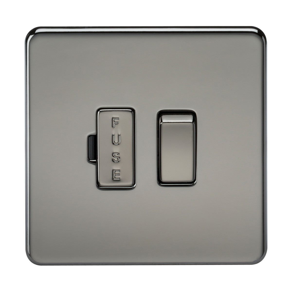 The 13A Switched Fused Spur Unit in Black Nickel features a sleek, metallic light switch panel crafted from premium-grade steel with a glossy finish. Its screwless, low-profile design includes a rectangular switch and an embossed FUSE on the left socket.
