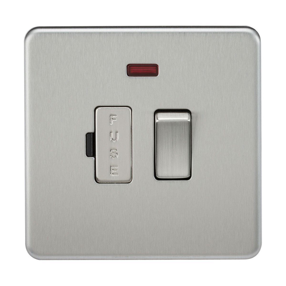 A brushed chrome, screwless 13A switched fused spur unit with a toggle switch, featuring a small neon indicator light above the fuse holder.