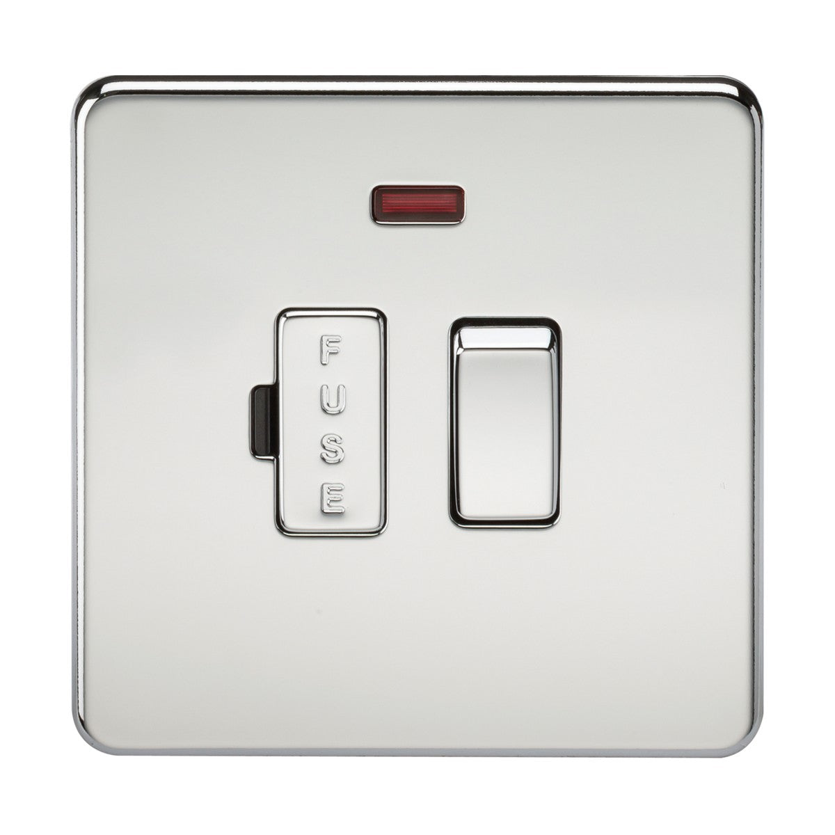 The 13A Switched Fused Spur Unit Neon in polished chrome offers a sleek, modern design with a square form. It features a right-sided switch and a left-sided fuse button labeled FUSE, accompanied by a small red indicator light above. Its screwless design enhances its contemporary appeal.