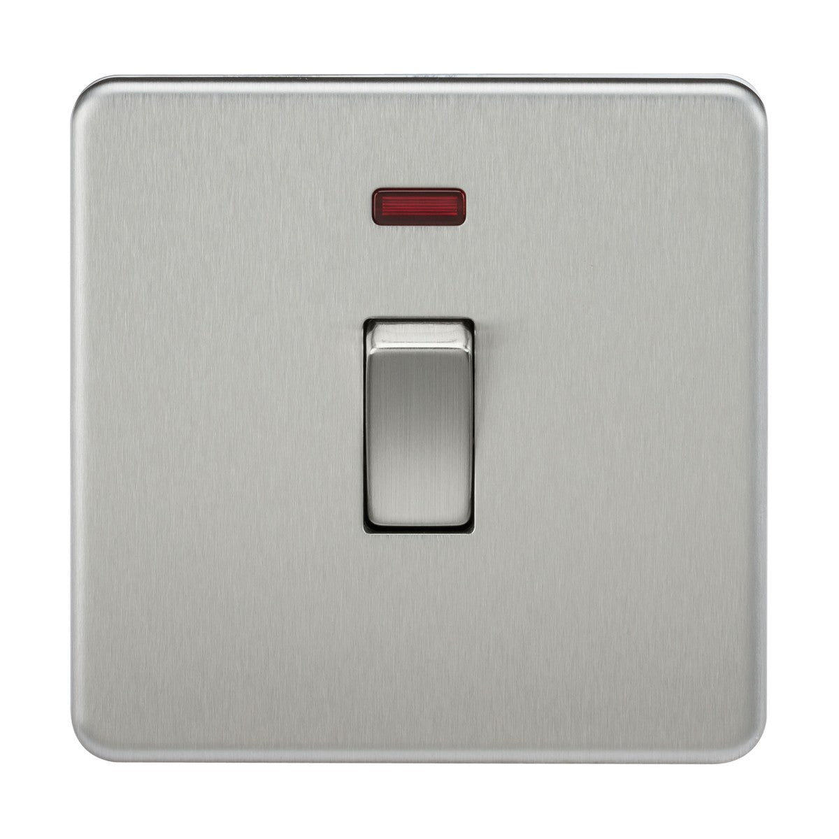 The 20A 1 Gang DP Switch Neon - Brushed Chrome (Screwless) features a metallic wall switch with a rectangular toggle, complemented by a small red indicator light on its smooth brushed chrome surface, designed as a 20A double pole switched control.