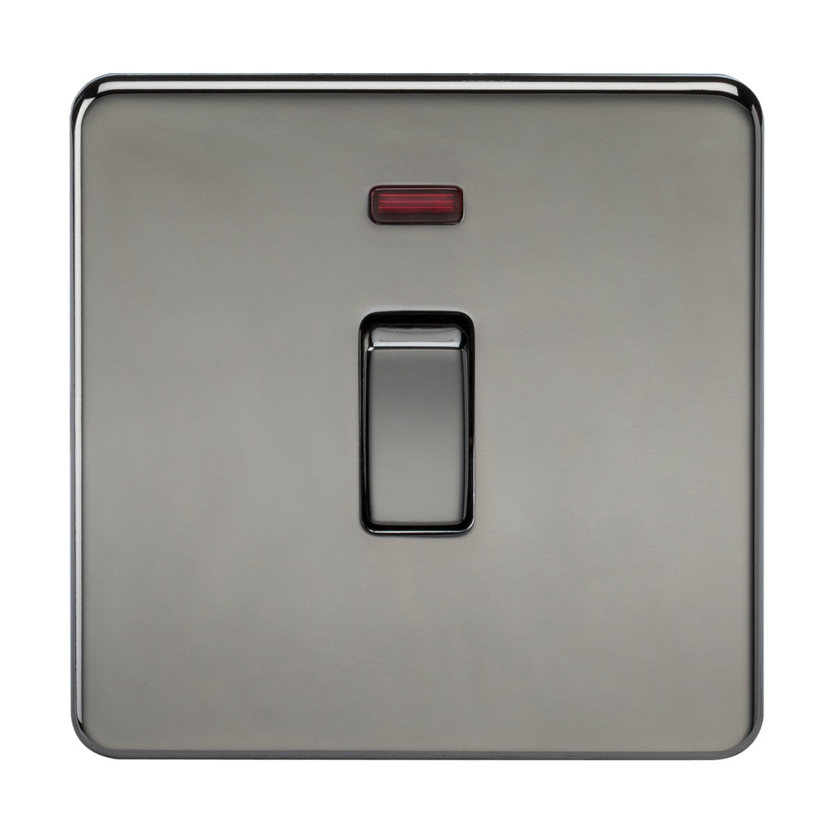 The 20A 1 Gang DP Switch Neon in black nickel features a rectangular metallic design with a screwless finish. It includes a central toggle switch and a red indicator light, offering a sleek and sophisticated reflective surface.