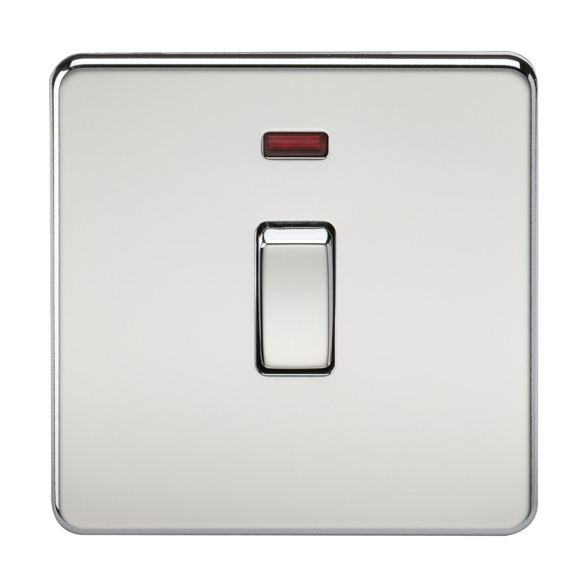A 20A 1 Gang DP Switch Neon with a polished chrome finish features a small red indicator above the switch, set against a plain background.