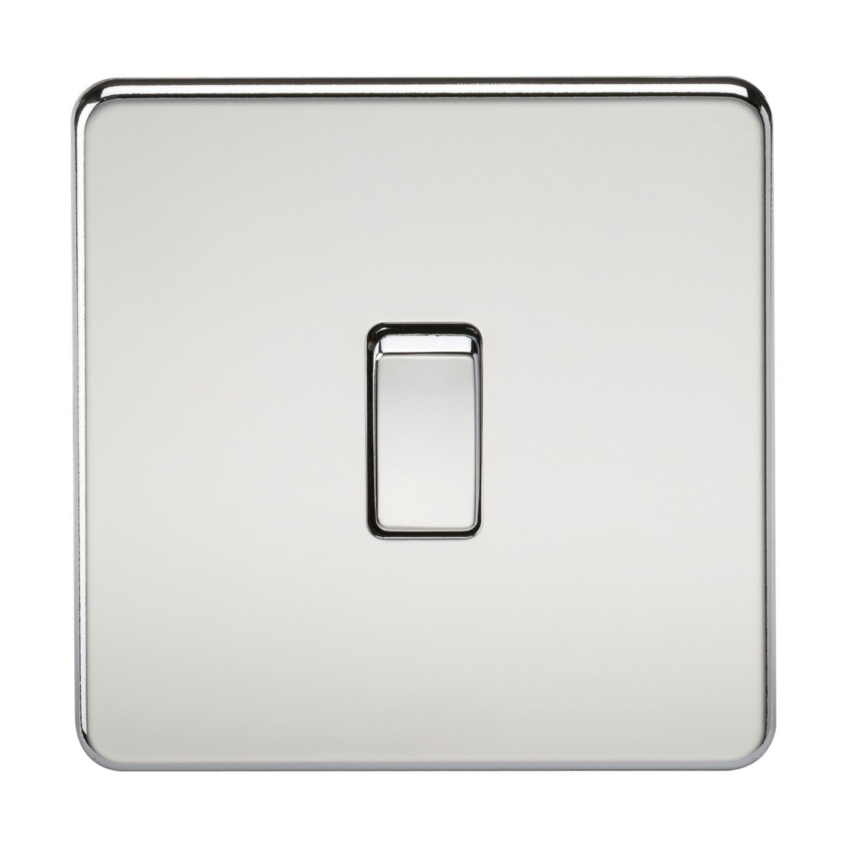 Introducing the 20A 1 Gang DP Switch - Polished Chrome (Screwless), a modern square light switch that combines a sleek, low-profile design with a centered switch on the plate. Its polished chrome finish beautifully reflects light, while rounded edges enhance its sophisticated aesthetic.