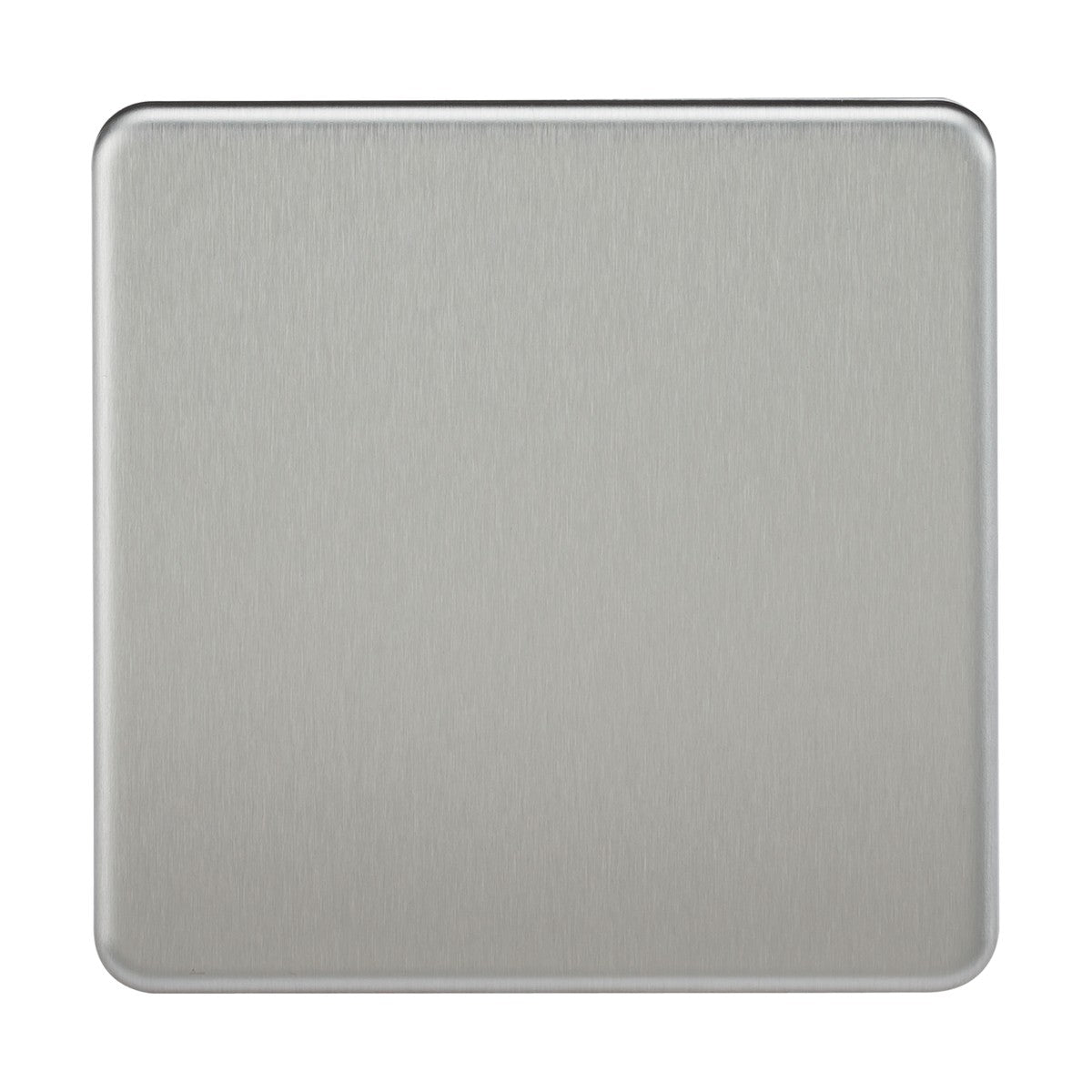 An up-close image of the 1 Gang Blanking Plate - Brushed Chrome (Screwless), showcasing its plain, square shape fashioned from high-quality stainless steel. This screwless design includes rounded corners and a brushed chrome finish, offering a sleek, minimalist look with an appealing metallic sheen.