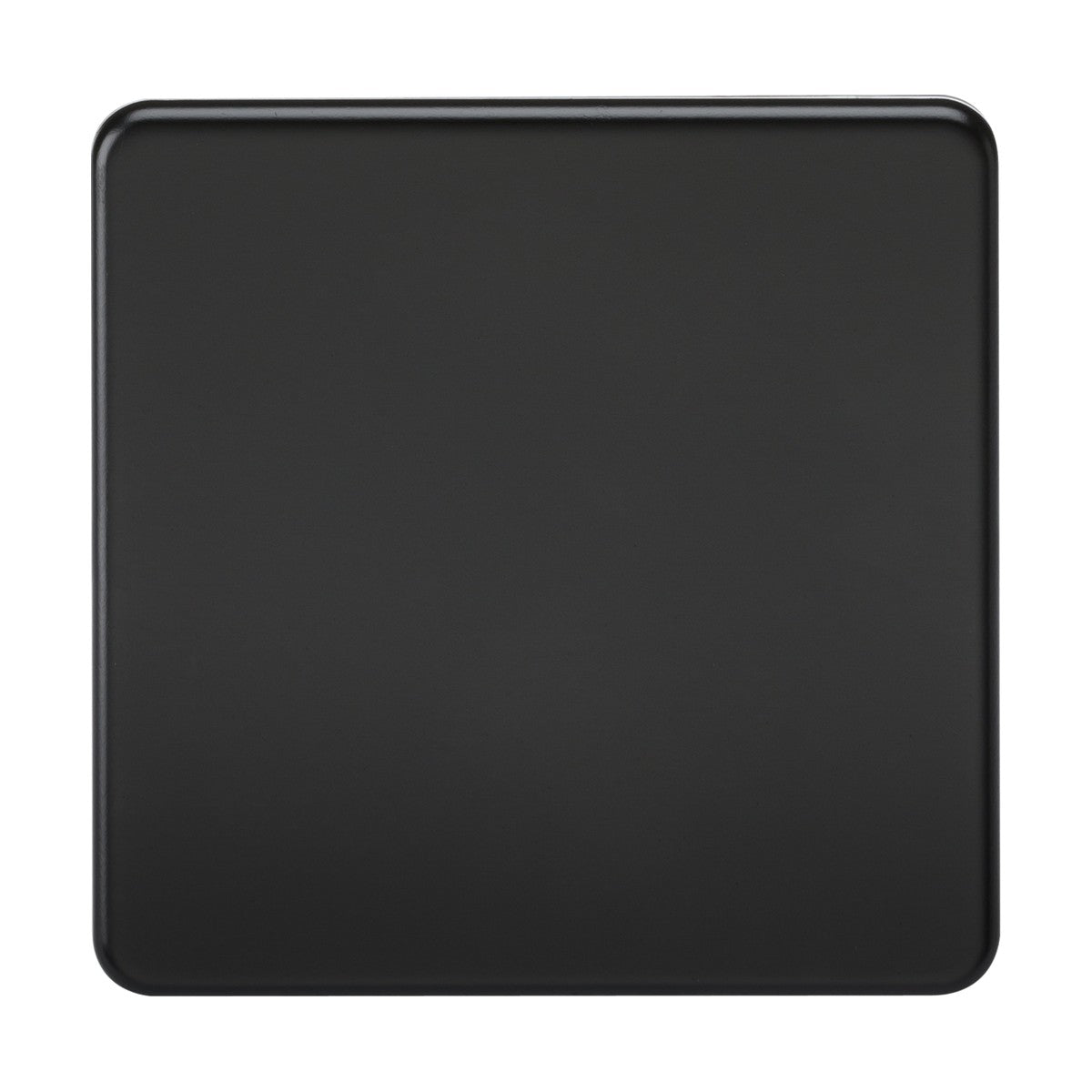 A 1 Gang Blanking Plate in matt black, showcasing a square, flat surface with rounded corners and a contemporary screwless design, resembling a modern minimalistic table mat or tray.