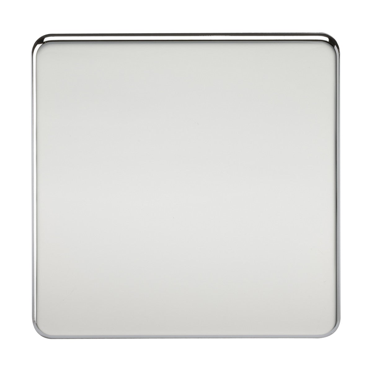 Introducing the 1 Gang Blanking Plate - Polished Chrome (Screwless), a sleek, square accessory in light gray. Its shiny, chrome-like reflective surface boasts slightly rounded corners and a metallic border. The white background highlights its smooth finish and modern, screwless design.