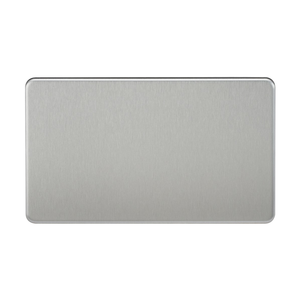 A sleek and minimalist 2 Gang Blanking Plate in brushed chrome, featuring a smooth texture, rounded corners, and a screwless design that subtly reflects light for a uniform appearance.