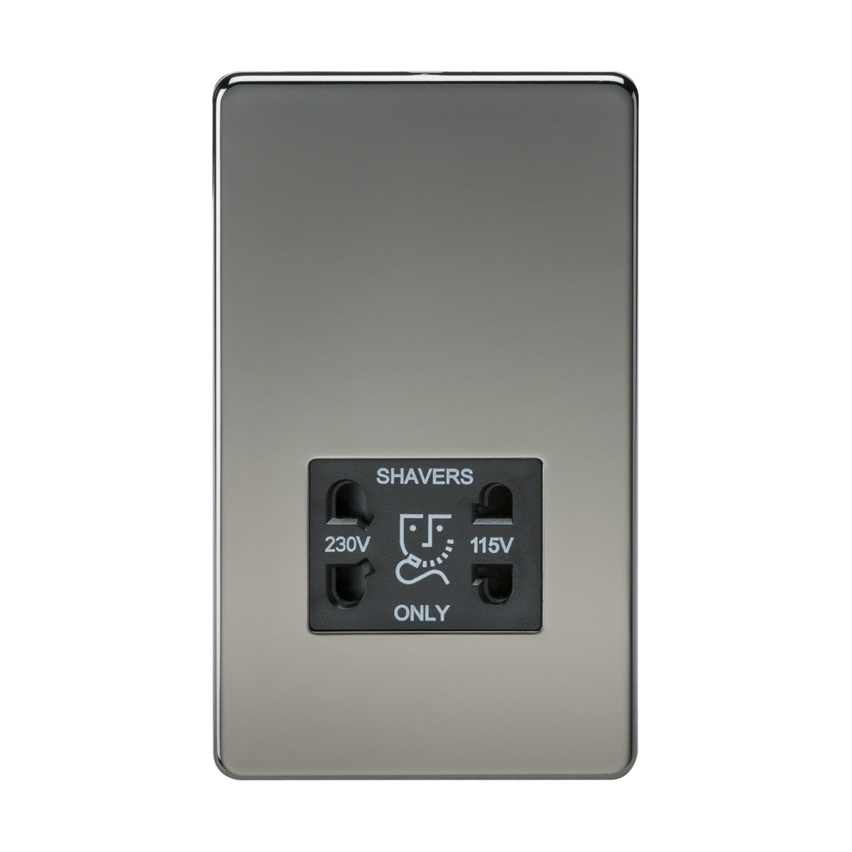 The 115V/Dual Voltage Shaver Socket in Black Nickel, featuring a black insert and screwless design, is wall-mounted with a sleek metallic finish. It has an IP41 rating and two labeled outlets for 230V and 115V, ideal for modern settings and shaver use.