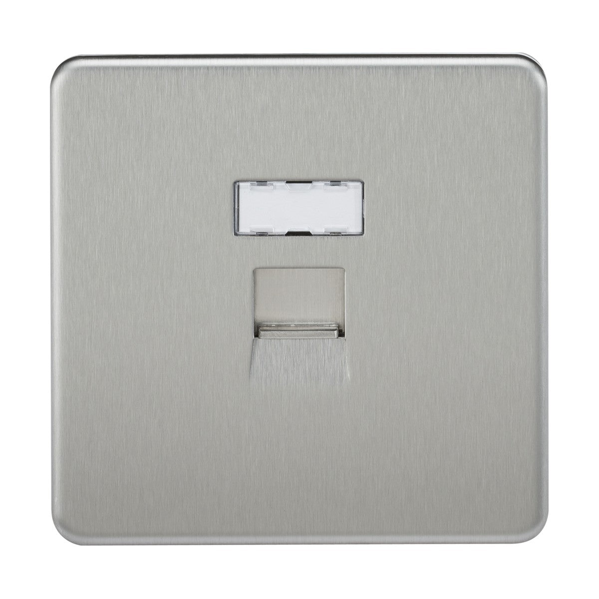 Introducing the RJ45 Network Outlet in brushed chrome with a screwless design, featuring a single telephone socket at its center. It is enhanced by a rectangular clear plastic cover above the narrow slot designed for cable connection. This sleek and modern accessory is ideal for wired networking, seamlessly integrating into contemporary spaces.