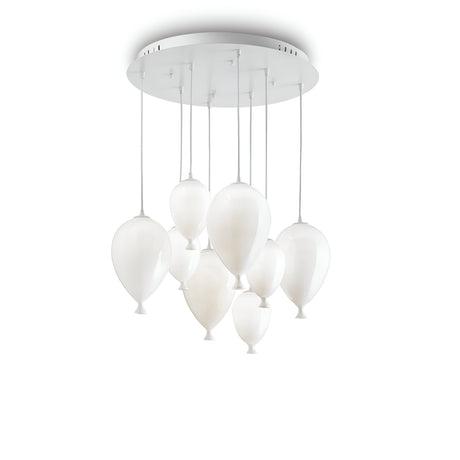 The Stellar 8 Light Cluster Pendant - White blends elegance with a touch of whimsy, showcasing nine balloon-shaped, hand-blown glass diffusers in white. These are suspended from slender wires connected to a round white ceiling mount, artfully capturing the essence of floating balloons.
