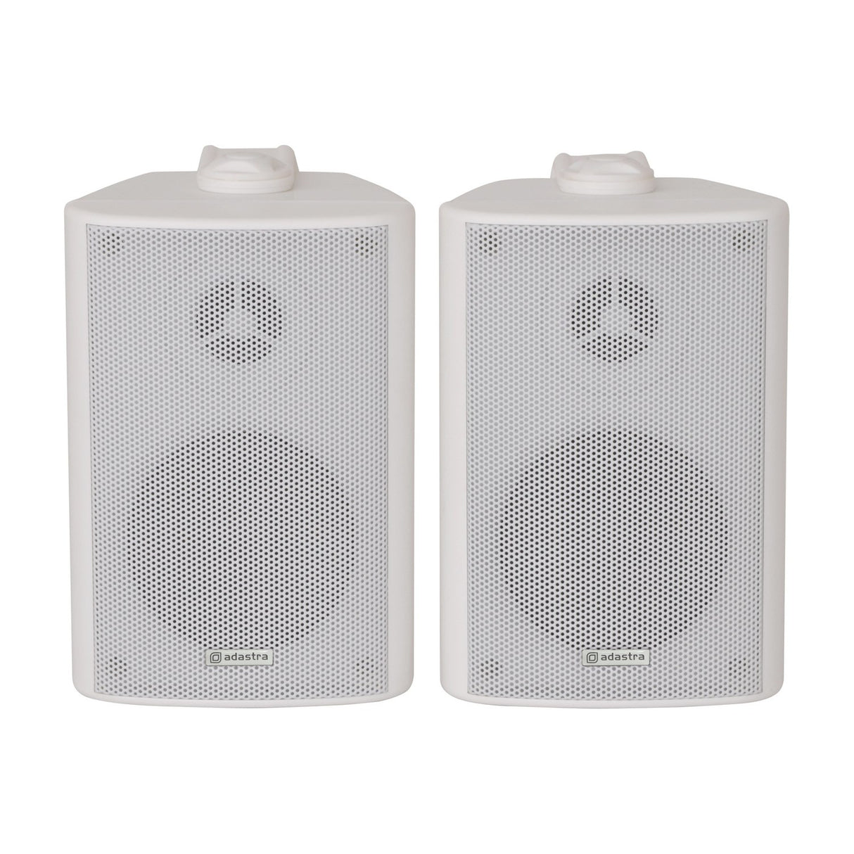 Adastra BC3-W 3" white background speakers shown as a pair with perforated steel grilles and top mounting brackets on a plain background.