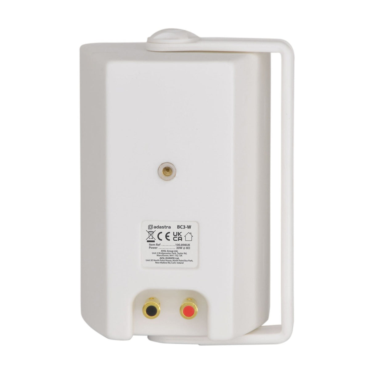 Rear view of the Adastra BC3-W white background speaker showing ABS casing, mounting bracket, spring terminals and specification label on a plain background.