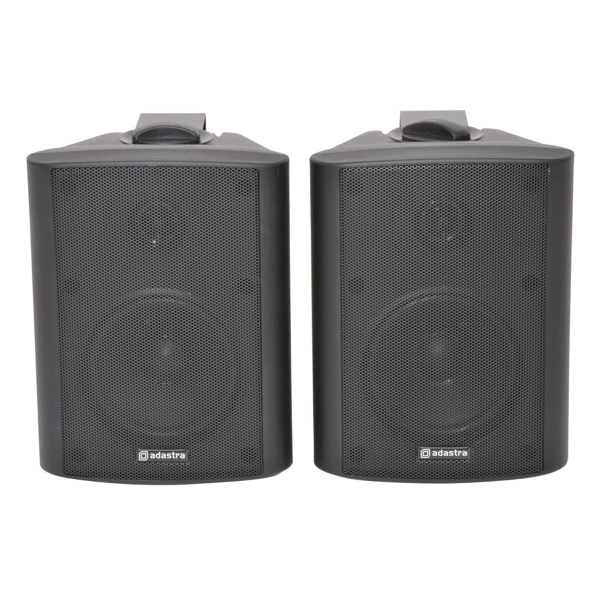 Two Adastra BC4B 4" 70W black stereo speakers with metal grilles are displayed side by side. The adastra logo is prominently featured at the bottom of each speaker. Designed for wall mounting, these speakers deliver excellent music playback and feature a standard 8 Ohms impedance for optimal sound quality.