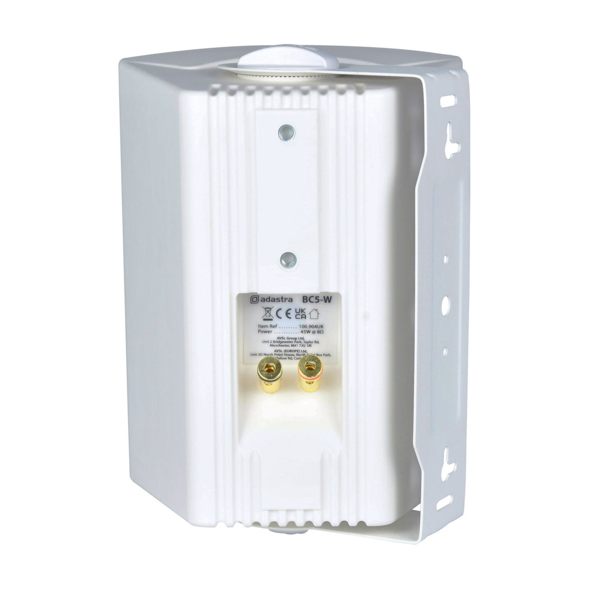 Rear view of the Adastra BC5-W white commercial speaker showing the ABS enclosure, steel wall bracket, gold binding post terminals and spec label.