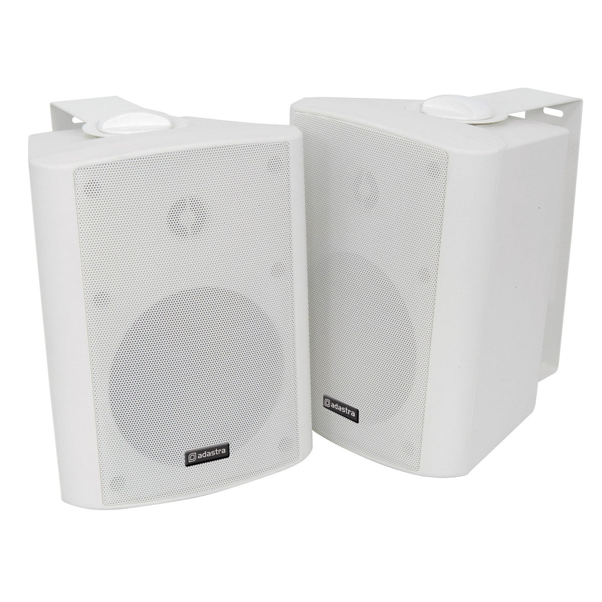The Adastra BC5W 5.25" 90W Stereo Speakers in white are expertly wall-mounted, featuring mesh fronts and a sleek, flat design that ensures exceptional audio quality. The Adastra logo is prominently displayed on each speaker, while the angled mounting brackets against a white background effortlessly integrate function with style.