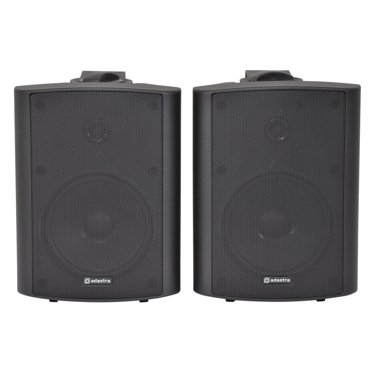 The Adastra BC5B 5.25" 90W Stereo Speakers in black are presented side by side, showcasing a sleek design with visible front grilles. These 2-way speakers prominently display the brand logo at the bottom, offering a modern and minimalist aesthetic.