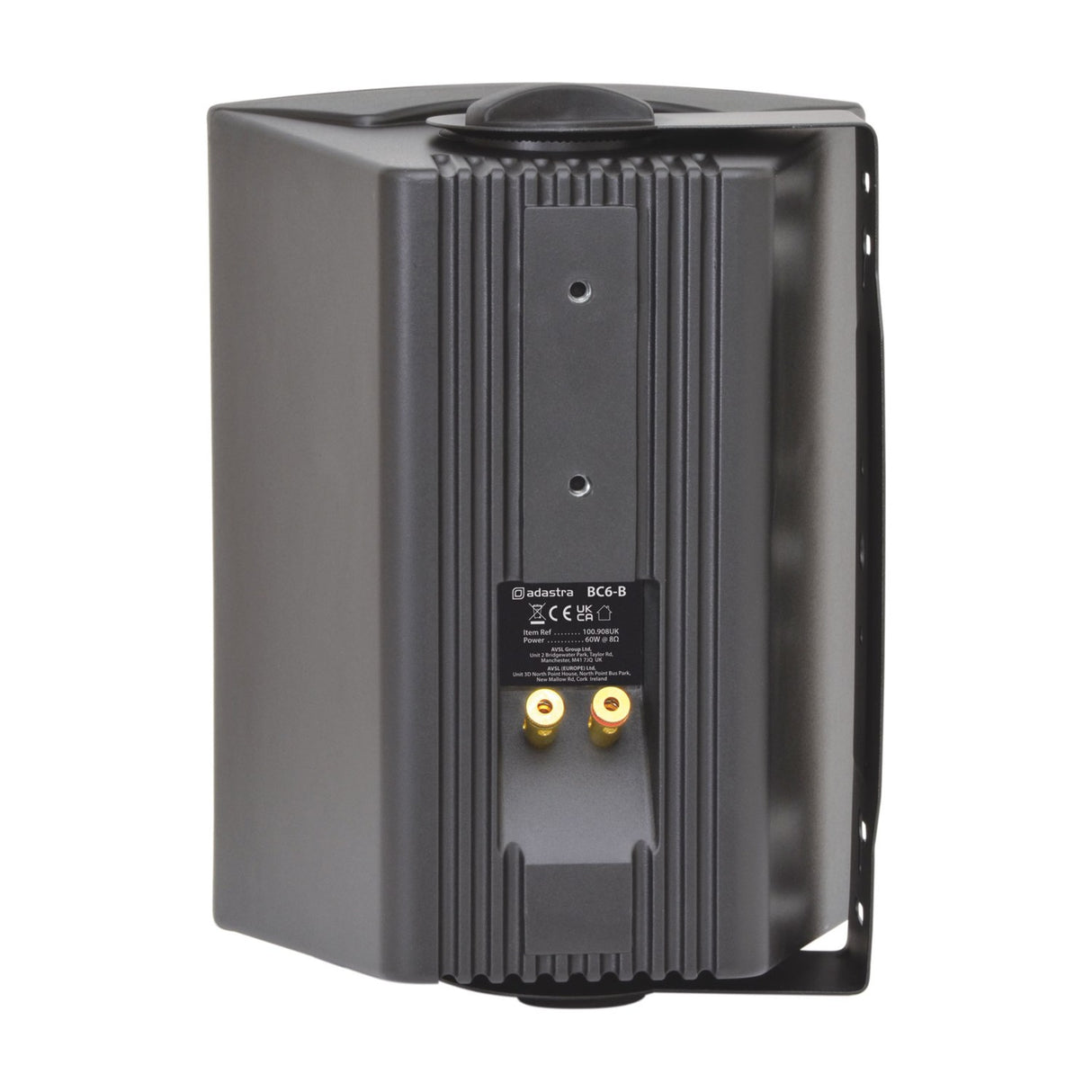 Rear view of Adastra BC6-B black background speaker showing ABS enclosure, steel wall bracket, spec label, and gold binding post terminals.