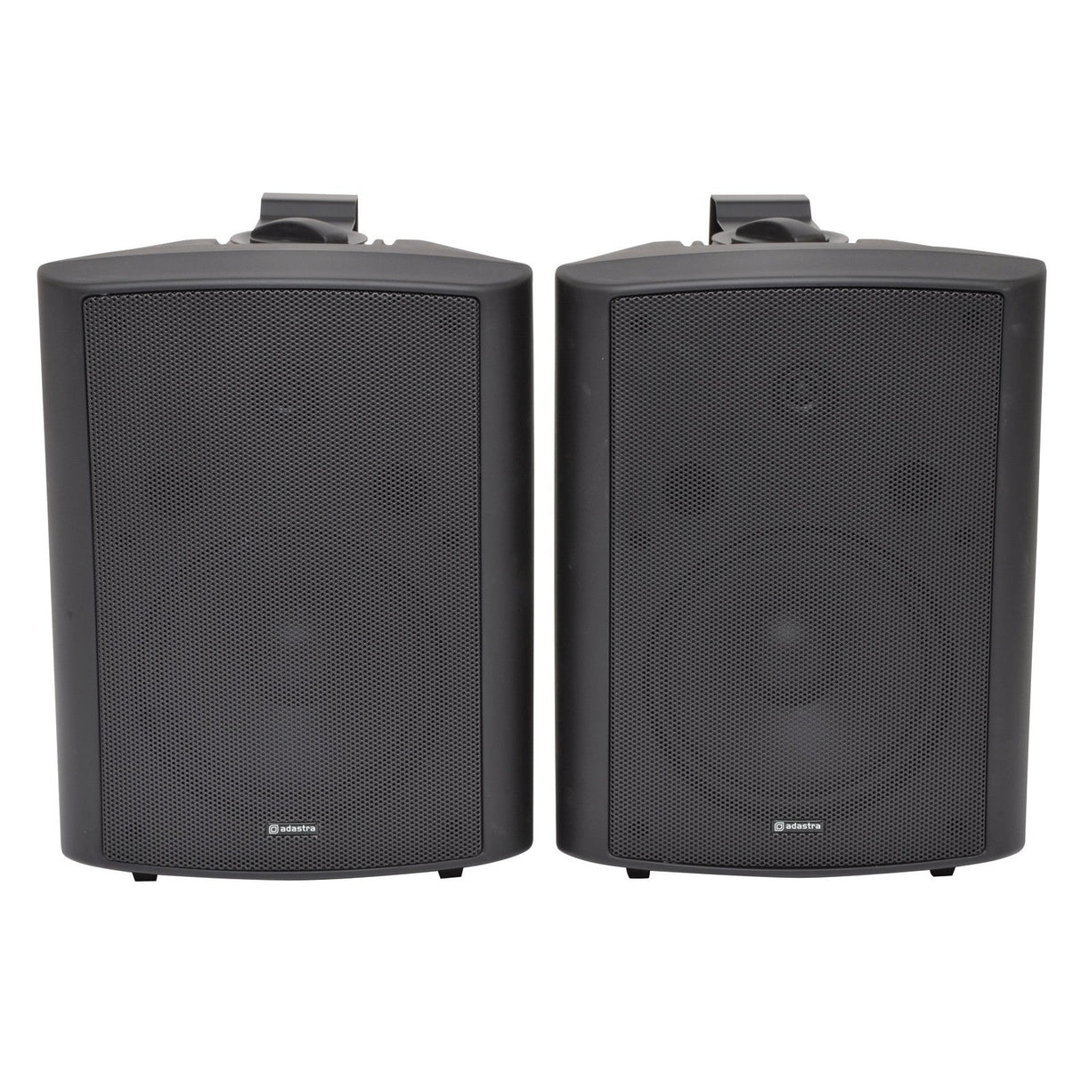 Two Adastra BC8B 8" 180W stereo speakers in black sit side by side on a white background, each featuring a logo at the bottom center of their mesh grills, making them perfect companions for music playback.