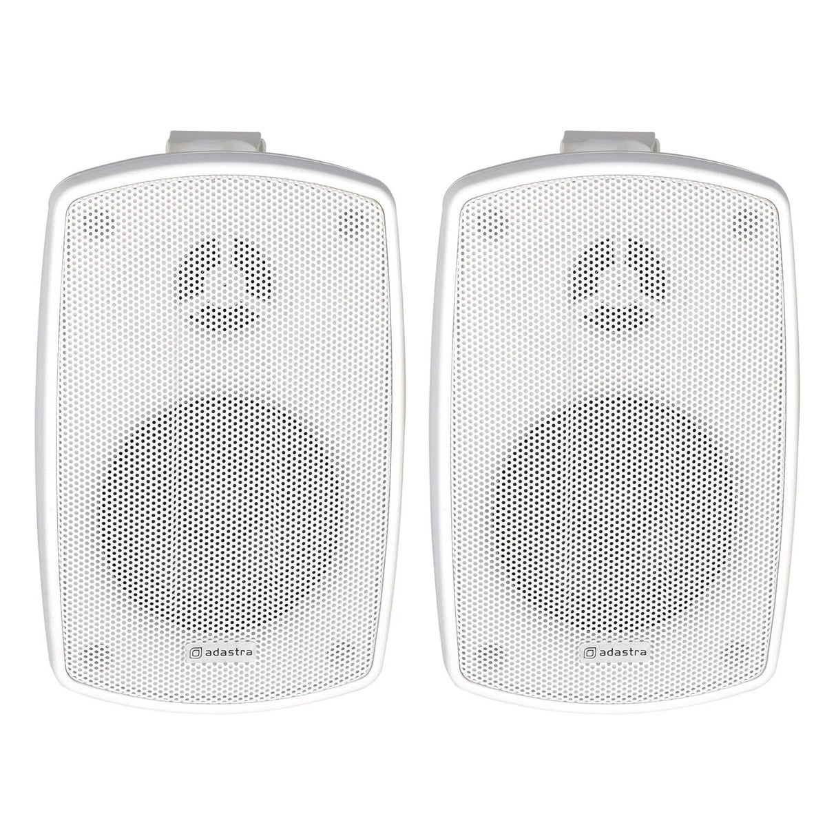 Two Adastra BH3 3" 60W speakers in white, featuring a mesh grille and ideal for both indoor and outdoor use, are displayed side by side against a white background. Each weather-resistant speaker boasts a circular front design, making them perfect for delivering seamless background music.