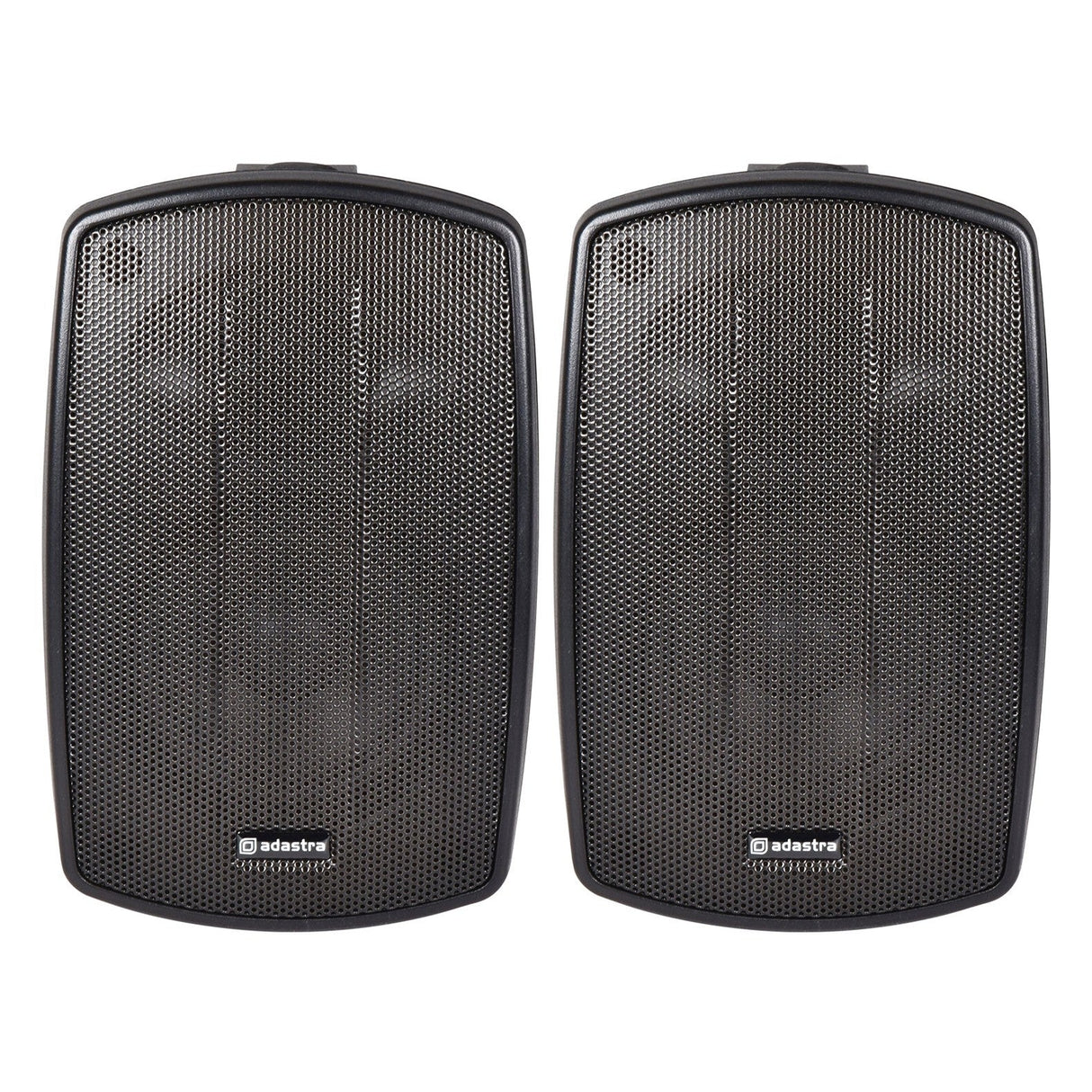 A pair of Adastra BH3 3" 60W speakers in black stands side by side against a white background. These weather-resistant speakers are IP44-rated and feature a rectangular shape with rounded edges, with the Adastra logo visible at the bottom, making them ideal for music enjoyment both indoors and outdoors.