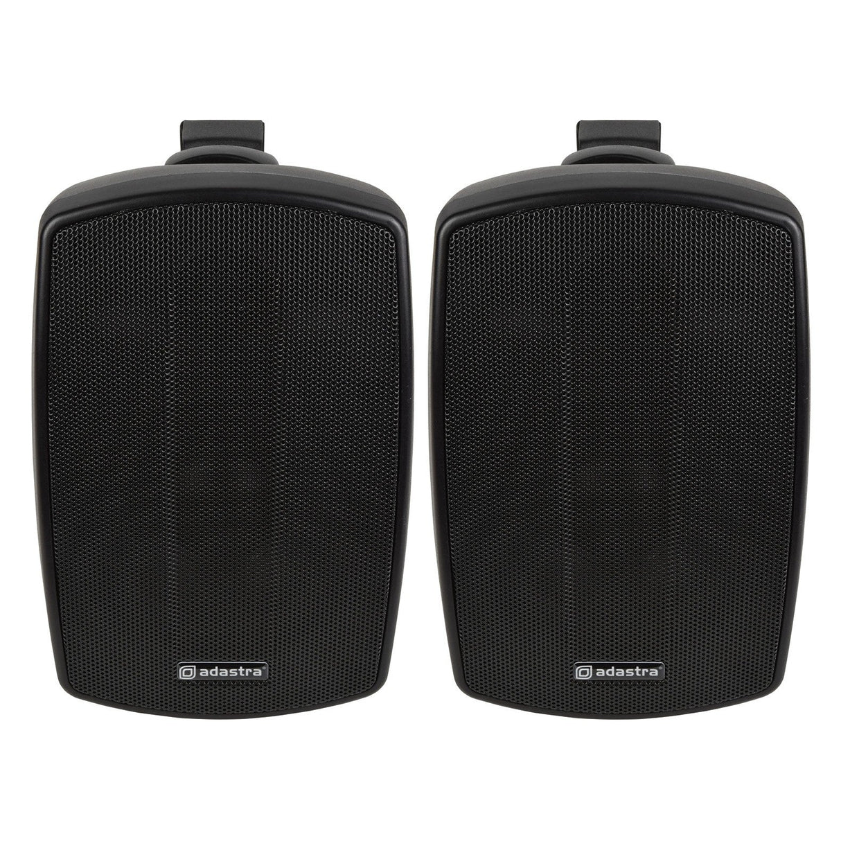 A pair of black Adastra BH4 4" 60W speakers with protective grilles, set against a white background. These IP44-rated weather-resistant speakers are perfect for indoor or outdoor use and come with top brackets for easy wall installation.