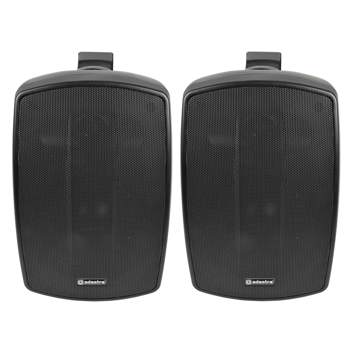 A pair of Adastra BH5 5.25" 100W Speakers in black, with a mesh front, are placed side by side against a white background. These speakers are designed for outdoor background music and are IP44 rated to ensure weather-resistant excellence, with labeling at the bottom.
