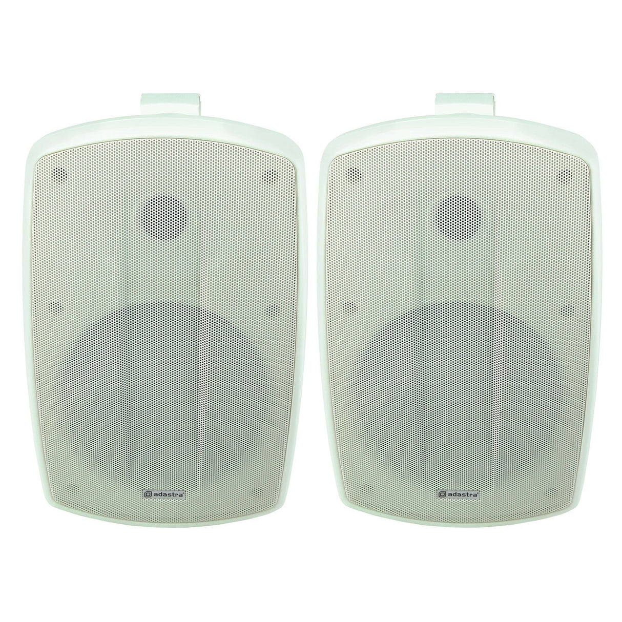 A pair of Adastra BH6 6.5" 140W speakers, designed for indoor or outdoor use, features a mesh grille design and IP44 weather resistance. Positioned side by side against a white background, each speaker displays a central speaker cone and a logo at the bottom, making them perfect for enhancing any space with durable, weather-resistant quality sound.
