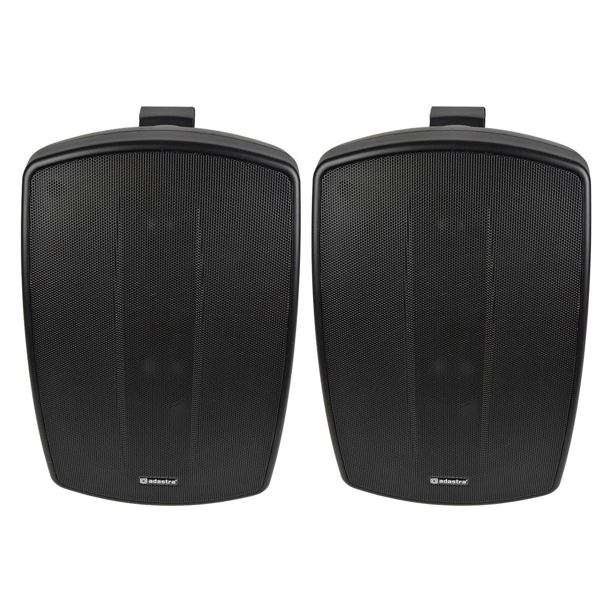 A pair of Adastra BH6 6.5" 140W speakers in black, rated for indoor and outdoor use, are wall-mounted side by side against a white background. These weather-resistant speakers feature a mesh grill design with a small logo near the bottom center.