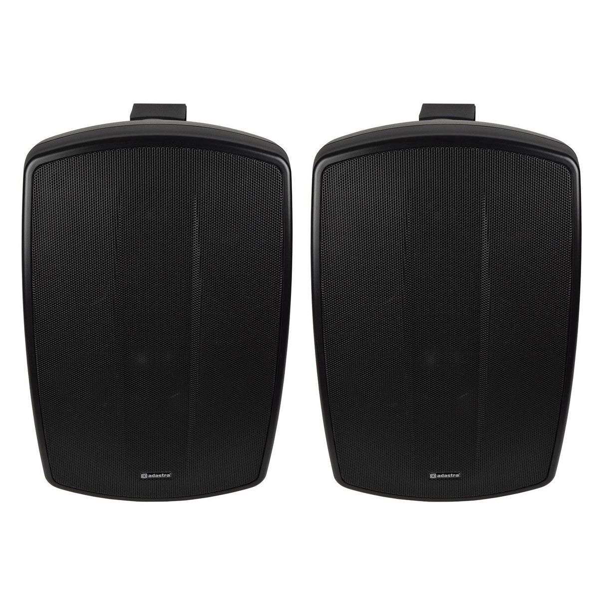 The Adastra BH8 8" 160W speakers, designed for indoor and outdoor use, showcase a sleek, modern design in black. With an IP44 weather resistance rating, these speakers sit side by side against a white background, featuring a perforated front grille and a small logo at the bottom. They enhance durability without compromising style.