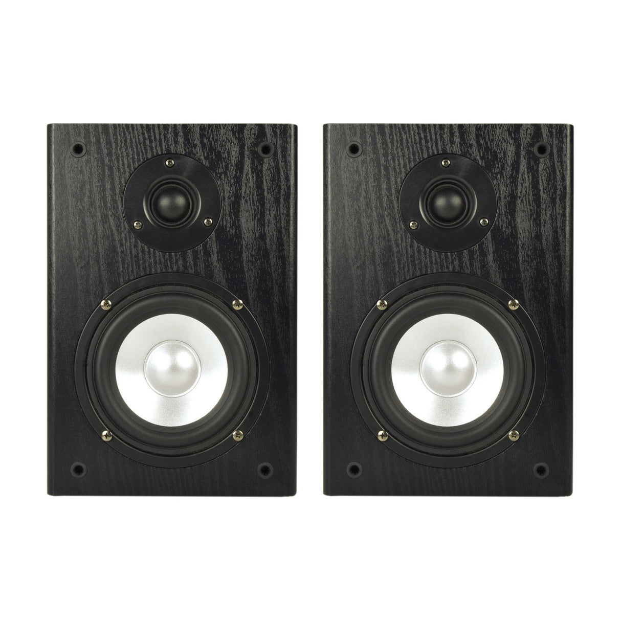 Adastra AB-5 passive bookshelf speakers in matt black woodgrain, pair shown front-on with silk dome tweeter and 5.25 inch driver on plain background.