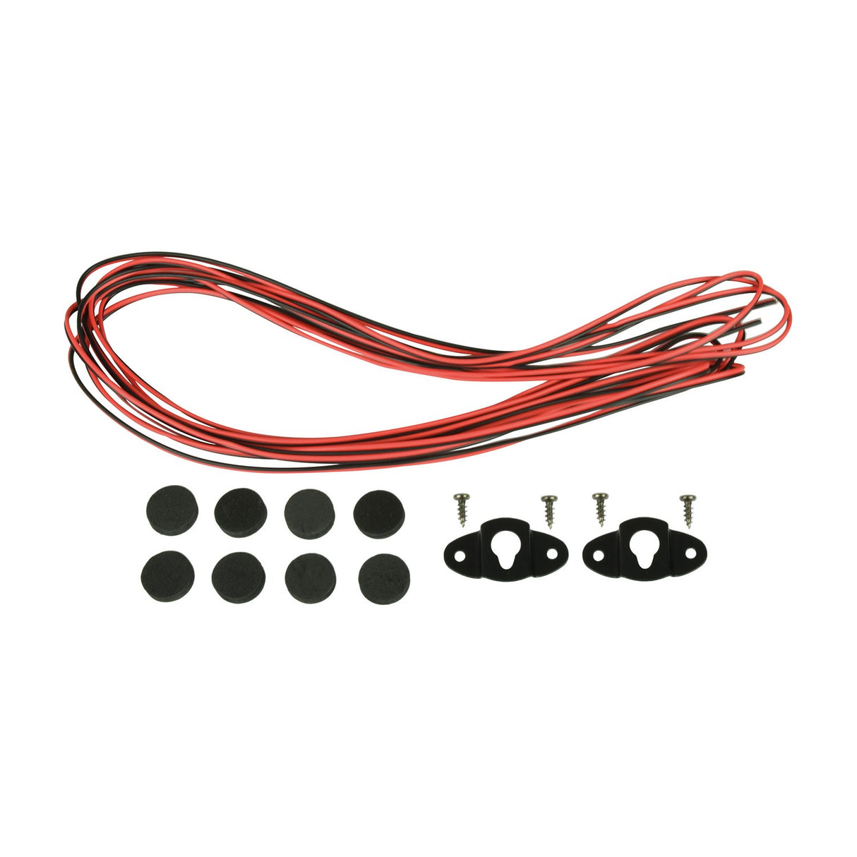 Adastra AB-5 speaker accessory kit with coiled red and black wiring, black foam pads, keyhole wall brackets and mounting screws on a white background.