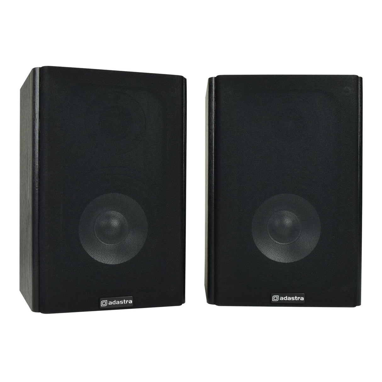 A pair of Adastra AB-5 5.25" 80W bookshelf speakers in black, each featuring a silk dome tweeter and visible woofer for optimal performance with low impedance audio systems. The speakers are placed side by side against a plain white background, proudly displaying the Adastra logo at the bottom.