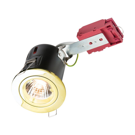 The Fixed Fire Rated Downlight - Brass is a recessed ceiling fixture featuring a brass-colored trim with exposed wiring. It includes a transparent bulb cover and has a red component at the back, designed for fire-rated mounting within a ceiling.