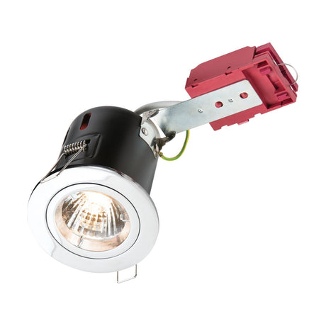 Displayed is the Fixed Fire-Rated Downlight - Chrome, featuring a recessed design with a chrome finish and black body. It includes a red electrical component on top and is intended for ceiling installation to offer directional lighting. This fire-rated fixture guarantees safety while adding a touch of style to your space.