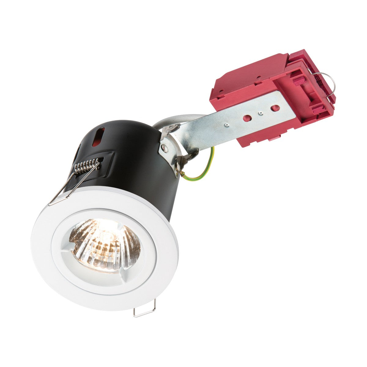 The Fixed Fire-Rated Downlight - White is a recessed ceiling light featuring a white trim and radiant bulb, affixed to a sturdy metal bracket with a red electrical box above. This GU10 downlight boasts a modern, sleek design and is insulation compatible, making it ideal for various interior lighting applications.