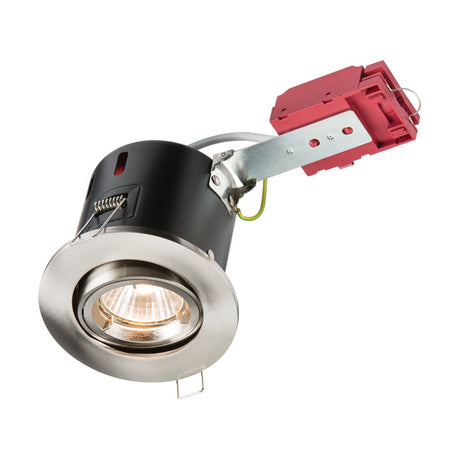 Introducing the Fire-Rated Tilt Downlight - Brushed Chrome, featuring a silver circular trim and halogen bulb. It comes with a brushed chrome finish, black casing, red connector, and sturdy metal bracket for seamless ceiling installation.