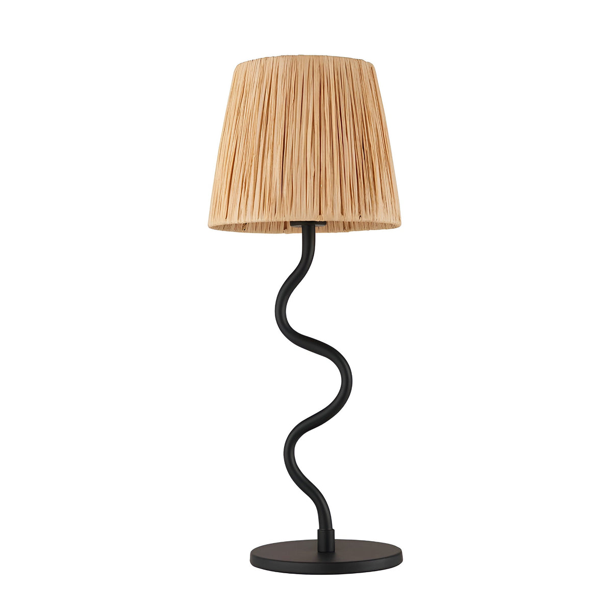 Endon Danemont table lamp with a wavy matt black metal stem, round base and tapered natural raffia shade, shown on a white background.