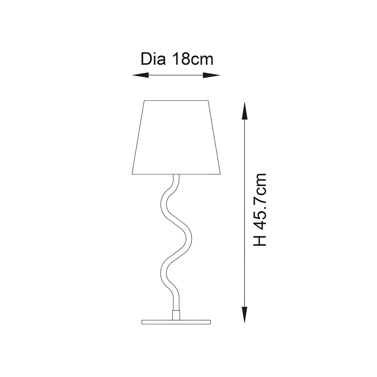 Endon Danemont technical dimension diagram showing an 18cm shade diameter and 45.7cm height for the black and natural table lamp.