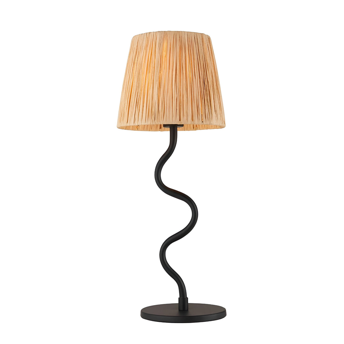 Endon Danemont table lamp with a tapered natural raffia shade on a slim wavy matt black metal stem and round base, on a plain white background.