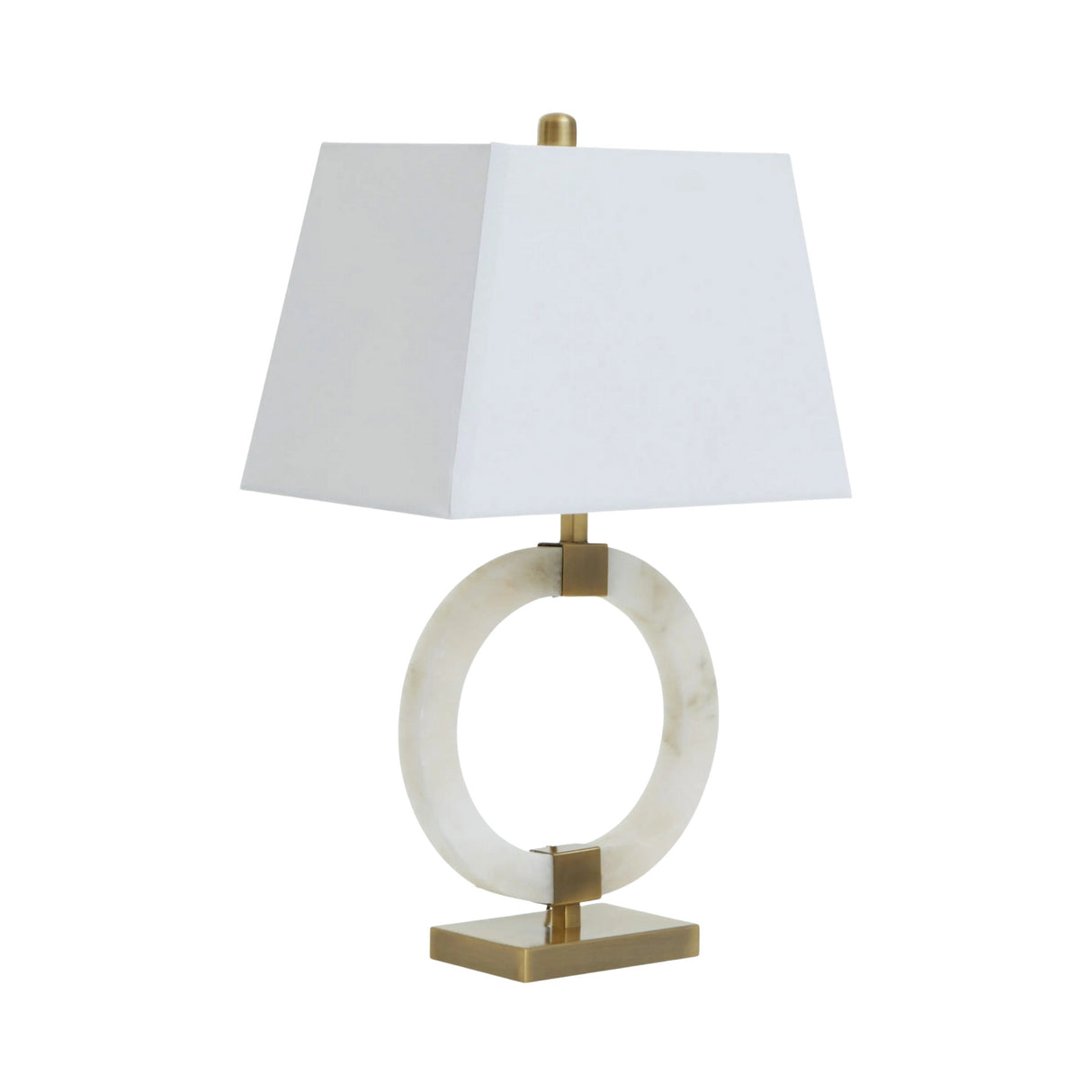 The Calveron 1 Light Circular Framed Alabaster Table Lamp in Brass & Soft White features a modern round frame, rectangular white shade, marble base with hollow center, and gold accents on a square base.
