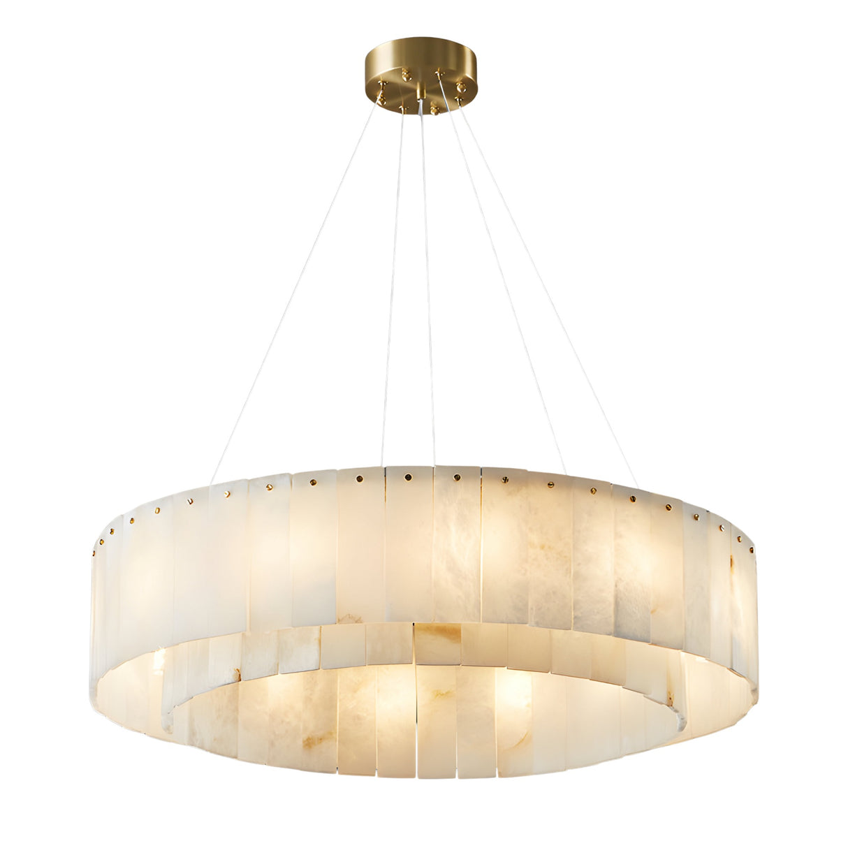 The Arvello 14 Light Layered Panel Alabaster Chandelier in Soft White & Brass adds understated elegance to any room with its circular layered design.
