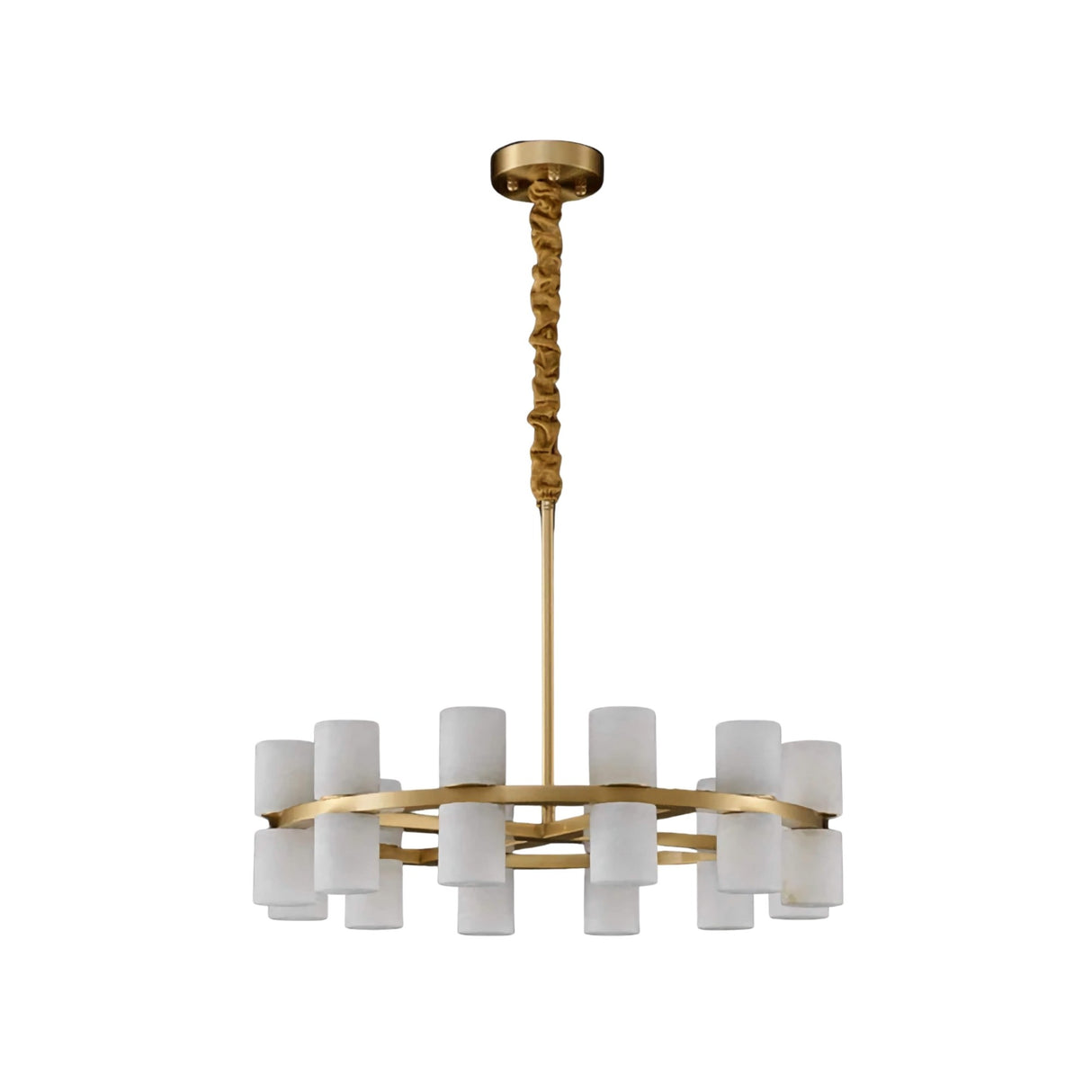 The Valenro 40 Light Cylindrical Alabaster Chandelier features a brass ring frame with forty softly glowing white alabaster shades, evenly spaced and suspended by a gold rod and canopy for a modern look.