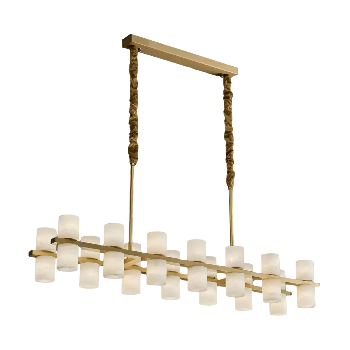 The Valenro 28 Light Cylindrical Alabaster Linear Suspension Light features a modern rectangular brass frame with two rows of soft white frosted alabaster cylinders and dual fabric-wrapped gold rods connecting to a rectangular ceiling mount.