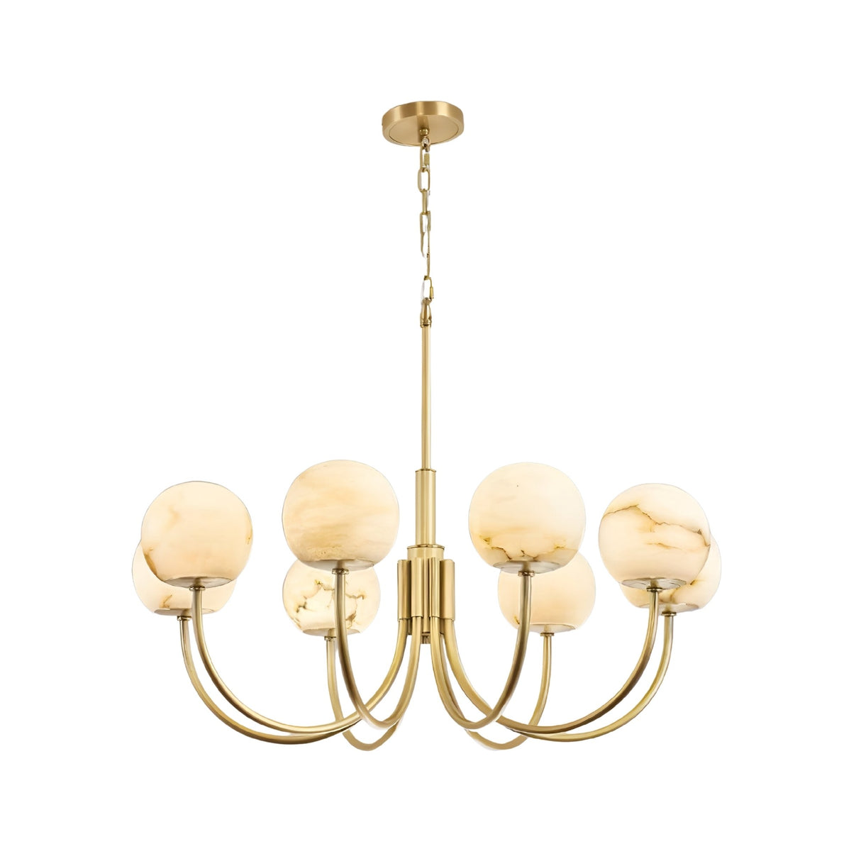 The Aurelio 8 Light Globe Alabaster Chandelier features eight curved arms with round, marbled alabaster globes in soft white, all suspended from a brushed brass ceiling mount for a modern, elegant look.