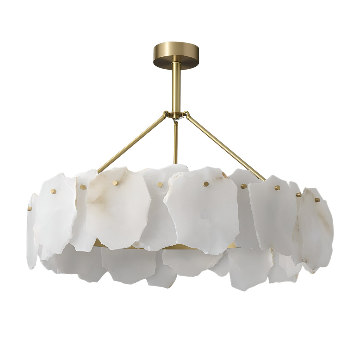 The Marvion LED Large Petal Alabaster Chandelier features a brass frame and a circular array of soft white panels, combining modern design with artistic flair for a stunning, contemporary focal point.