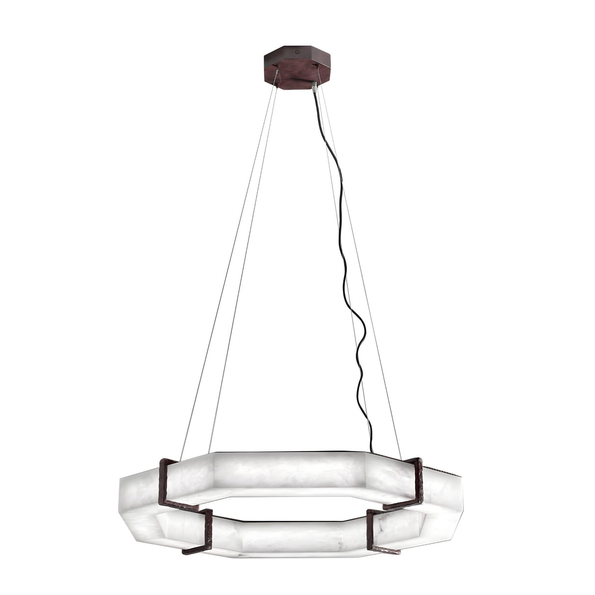 The Vireon LED Large Alabaster Chandelier in Bronze & Soft White features an octagonal design with frosted glass panels and a dark metal frame, suspended by four slim cables and a central black cord.